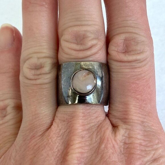 Oxidized Sterling Silver 950 Round Rose Quartz 16MM Wide Band Ring Sz 8.75 - Picture 1 of 16